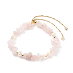 Cuarzo Rosa Pulsera deslizante con perlas y chips de cuarzo rosa natural, joyas de piedras preciosas para mujeres, dorado, diámetro interior: 2-1/8~3-1/4 pulgada (5.4~8.4 cm)