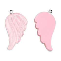 Pink Translucent Resin Pendants, Wing Charms, with Platinum Plated Iron Loops and Glitter Powder, Pink, 41x30x4mm, Hole: 2mm