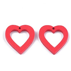 Rouge Pendentifs en bois de peuplier peint, cœur, rouge, 25x22.5x3mm, Trou: 1.4mm
