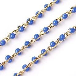 Dodger Blue Handmade Enamel Beaded Chains, Soldered, with Brass Chains, Real 18K Gold Plated, Long-Lasting Plated, with Spool, Dodger Blue, 4~5x2x2~3mm, about 32.8 Feet(10m)/roll