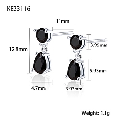 Black Cubic Zirconia Teardrop Dangle Stud Earrings, Platinum Rhodium Plated 925 Sterling Silver Earrings, Black, 12.8x3.93~4.7mm