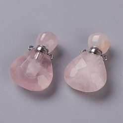 Rose Quartz Teardrop Natural Rose Quartz Perfume Bottle Pendants, with 304 Stainless Steel Findings, Faceted, Stainless Steel Color, 26~26.5x17x8~8.5mm, Hole: 1.4mm, Capacity: about 2ml(0.06 fl. oz)