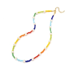 Colorful Glass Seed & Glass Pearl Beaded Necklace for Girl Women, Colorful, 15.94 inch(40.2cm)