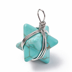 Synthetic Turquoise Synthetic Turquoise Pendants, with Brass Findings, Merkaba Star, Platinum, 24~27x17x17mm, Hole: 3.5~4mm