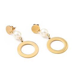Golden Ring with Acrylic Pearl Long Dangle Stud Earrings with 316 Stainless Steel Pins, Vacuum Plating 304 Stainless Steel Jewelry for Women, Golden, 50mm, Pin: 0.7mm