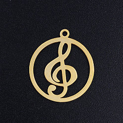 Golden 201 Stainless Steel Filigree Charms, Flat Round with Musical Note, Golden, 22.5x19.5x1mm, Hole: 1.5mm