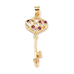 Real 18K Gold Plated Brass Micro Pave Cubic Zirconia Pendants, Long-Lasting Plated, Heart Key, Colorful, Real 18K Gold Plated, 38x14.5x3.5mm, Hole: 3x3mm