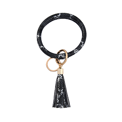 Black Snakeskin Pattern PU Imitaition Leather Bangle Keychains, Wristlet Keychain with Tassel & Alloy Ring, Black, 200x100mm