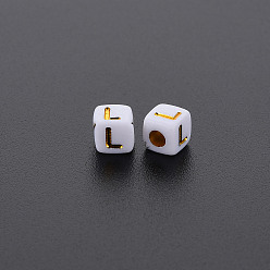Letter L Opaque White Acrylic Beads, Metal Enlaced, Cube with Letters, Letter.L, 4.5mm, Hole: 2mm, about 5000pcs/500g