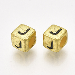 Letter J Acrylic Beads, Horizontal Hole, Metallic Plated, Cube with Letter.J, 6x6x6mm, 2600pcs/500g