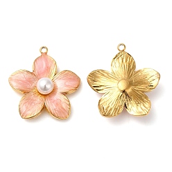 Light Salmon 304 Stainless Steel Enamel Pendants, with ABS Imitation Pearl, Real 18K Gold Plated, Flower Charm, Light Salmon, 22x20.5x6mm, Hole: 1.4mm