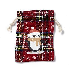 Pingouin Sacs de jute rectangulaires sur le thème de Noël avec cordon de jute, tartan pochettes, pour emballage cadeau, rouge, pingouin, 13.8~14x9.7~10.3x0.07~0.4 cm