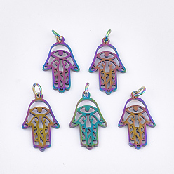 Rainbow Color Ion Plating(IP) 201 Stainless Steel Pendants, with Jump Rings, Hamsa Hand/Hand of Fatima/Hand of Miriam with Eye, Rainbow Color, 21.5x13x1mm, Jump Ring: 5x0.8mm, Inner Diameter: 3mm