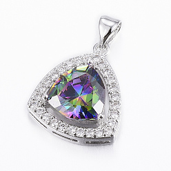 Colorful Trendy Brass Micro Pave Cubic Zirconia Pendants, Faceted, Triangle, Platinum, Colorful, 23x16x6.5mm, Hole: 5x3.5mm