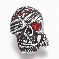 Antique Silver 304 Stainless Steel Beads, with Cubic Zirconia, Large Hole Beads, Skull, Red, Antique Silver, 21x15x12mm, Hole: 6mm