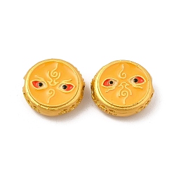 Gold Alloy Beads, with Enamel, Golden, Flat Round with God of Wealth & Eye, Gold, 13~13.5x4.5mm, Hole: 2mm