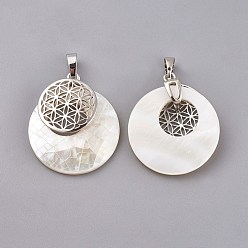 White Shell Natural White Shell Mother of Pearl Shell Pendants, Spiritual Charms, with Platinum Tone Brass Findings, Flat Round with Flower of Life/Sacred Geometry, 32~32.5x28x7~7.5mm, Hole: 5x8mm