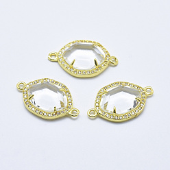 Clear Brass Micro Pave Cubic Zirconia Links, with Glass, Faceted, Oval, Golden, Clear, 26x16x5mm, Hole: 1.6mm