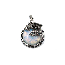 Opalite Opalite Pendants, Flat Round Charms with Skeleton, with Antique Silver Plated Metal Findings, 40x35mm