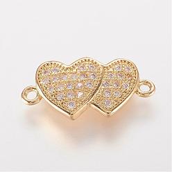 Golden Brass Micro Pave Cubic Zirconia Links, Heart with Heart, Golden, 18x8x2.5mm, Hole: 1mm