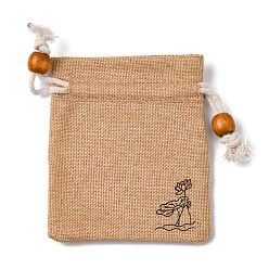 Bisque Burlap Packing Pouches, Drawstring Bags, with Wood Beads, Bisque, 10~10.1x8.2~8.3cm