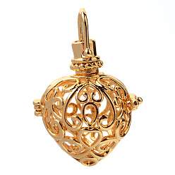 Golden Rack Plating Brass Cage Pendants, For Chime Ball Pendant Necklaces Making, Heart, Golden, 29x25x20mm, Hole: 5x5mm, inner measure: 17x17mm