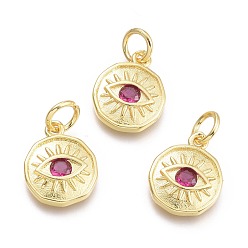 Medium Violet Red Brass Micro Pave Cubic Zirconia Pendants, with Jump Ring, Flat Round with Eye, Real 18K Gold Plated, Medium Violet Red, 12x10x2mm, Jump Rings: 5x0.8mm, Inner Diameter: 3mm