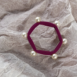 Purple Hexagon Cloth Elastic Hair Accessories, Plastic Imitation Pearl Bead Hair Ties, for Girls or Women, Purple, 50mm