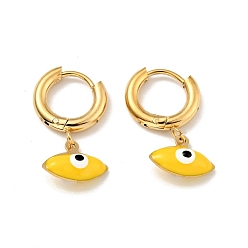 Yellow Enamel Horse Eye Dangle Hoop Earrings, Gold Plated 304 Stainless Steel Jewelry for Women, Yellow, 24mm, Pin: 1mm