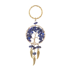 Lapis Lazuli Filet/toile tissé avec porte-clés pendentif aile, avec éclats de lapis-lazuli naturel et porte-clés en fer, plat et circulaire avec arbre de vie, 10.9~11 cm