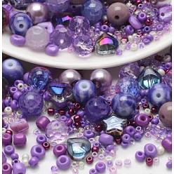 Pourpre 2 sac de perles rondes en verre, rond facetté coloré & craquelé, avec des perles en verre de graine, pour la fabrication de bijoux de bracelet de bricolage, pourpre, 1~10mm, 40 g / sac