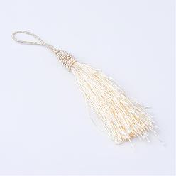 Beige Polyester Tassel Decorations, Pendant Decorations, with Metallic Cord, Beige, 95~101x11~12mm
