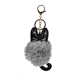 Gray Cute Cat PU Leather & Imitate Rex Rabbit Fur Ball Keychain, with Alloy Clasp, for Bag Car Key Decoration, Gray, 18cm