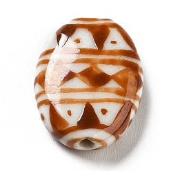 Orange Red Handmade Printed Porcelain Beads, Oval with Triangle Pattern, Orange Red, 18x14.5x5mm, Hole: 1.6mm