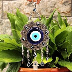 Hamsa Hand Glass Turkish Blue Evil Eye Blessing Amulet Wall Hanging Decor, with Alloy Flower Hamsa Hand Charm, Hamsa Hand, 300mm