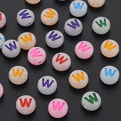 Letter W Acrylic Beads, Glow in the Dark, with Enamel and Luminous, Horizontal Hole, Flat Round with Alphabet, Letter.W, 6.5x7x4mm, Hole: 1.6mm, about 3600pcs/500g