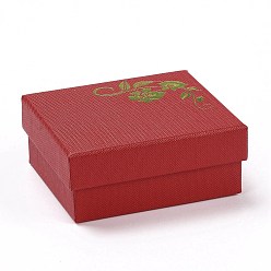 Brique Rouge Papier avec tapis éponge boîtes à colliers, rectangle avec motif de fleurs estampé d'or, firebrick, 8.7x7.7x3.65 cm, Diamètre intérieur: 8.05x7.05 cm, profondeur : 3.3cm