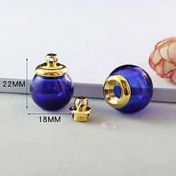 Blue Transparent Glass Openable Perfume Bottle Pendants, with Brass Findings, Round, Blue, 2.2x1.8cm
