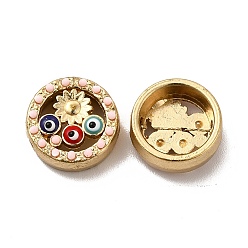 Light Gold Alloy Enamel Beads, with Synthetic Turquoise, Flat Round with Flower & Evil Eye, Light Gold, 12.5x5.5mm, Hole: 1.5mm