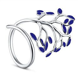 Blue SHEGRACE Adjustable 925 Sterling Silver Finger Ring, with Enamel, Leaves, Size 8, Blue, 18mm