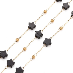 Black Agate Ion Plating(IP) 304 Stainless Steel Satellite Chains, with Natural Black Agate Star Beaded, Unwelded, with Spool, Golden, 4x4x2mm