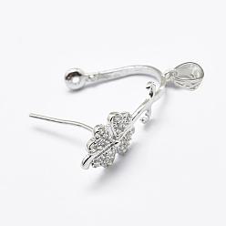 Platinum Rhodium Plated 925 Sterling Silver Micro Pave Cubic Zirconia Pendant Bails, Ice Pick & Pinch Bails, Clover, Platinum, 21x18.5x15mm, Hole: 2x3.5mm, Pin: 0.7mm