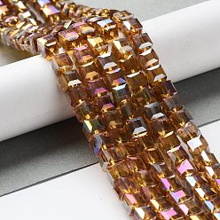 Goldenrod Electroplate Glass Beads Strands, AB Color Plated, Faceted, Cube, Goldenrod, 4x4x4mm, Hole: 1mm, about 100pcs/strand, 17 inch