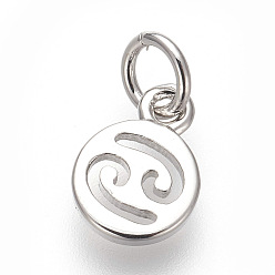 Cancer Brass Charms, Lead Free & Cadmium Free, Flat Round with Constellations, Platinum, Cancer, 9.5x7x1mm, Hole: 3mm