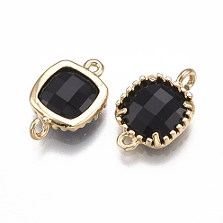 Black Glass Links connectors, with Brass Findings, Faceted, Square, Golden, Black, 14.5x9.5x3.5mm, Hole: 0.8~1.2mm