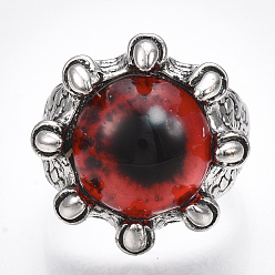 Red Adjustable Alloy Glass Finger Rings, Wide Band Rings, Dragon Eye, Antique Silver, Red, Size 8, 18mm