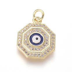 Golden Brass Micro Pave Cubic Zirconia Pendants, with Enamel, Eight Trigrams with Evil Eyes, Clear, Golden, 17x14x3.5mm, Hole: 3.5mm