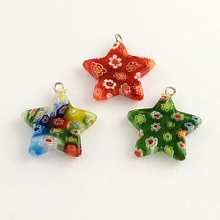 Mixed Color Handmade Millefiori Glass Pendants, with Platinum Plated Iron Findings, Star, Mixed Color, 26x24x4mm, Hole: 2mm