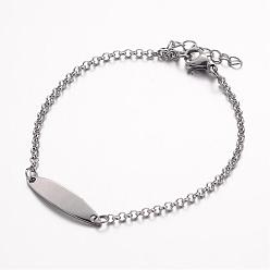 Stainless Steel Color 304 Stainless Steel ID Bracelets, Horse Eye, with Rolo Chains and Lobster Clasps, Stainless Steel Color, 7-1/4 inch(185mm), 2.5mm