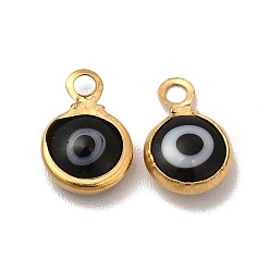 Black Ion Plating(IP) 304 Stainless Steel with Glass Enamel Charms, Real 18K Gold Plated, Flat Round with Evil Eye Pattern, Black, 9.5x6.5x2.5mm, Hole: 1.6mm